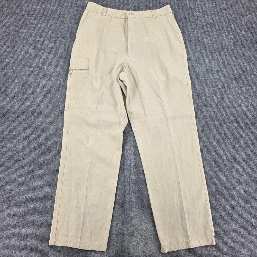 Caribbean Mens 100% Silk Relaxed Fit Pants Khaki Tan Flat Front 32x32 Utility